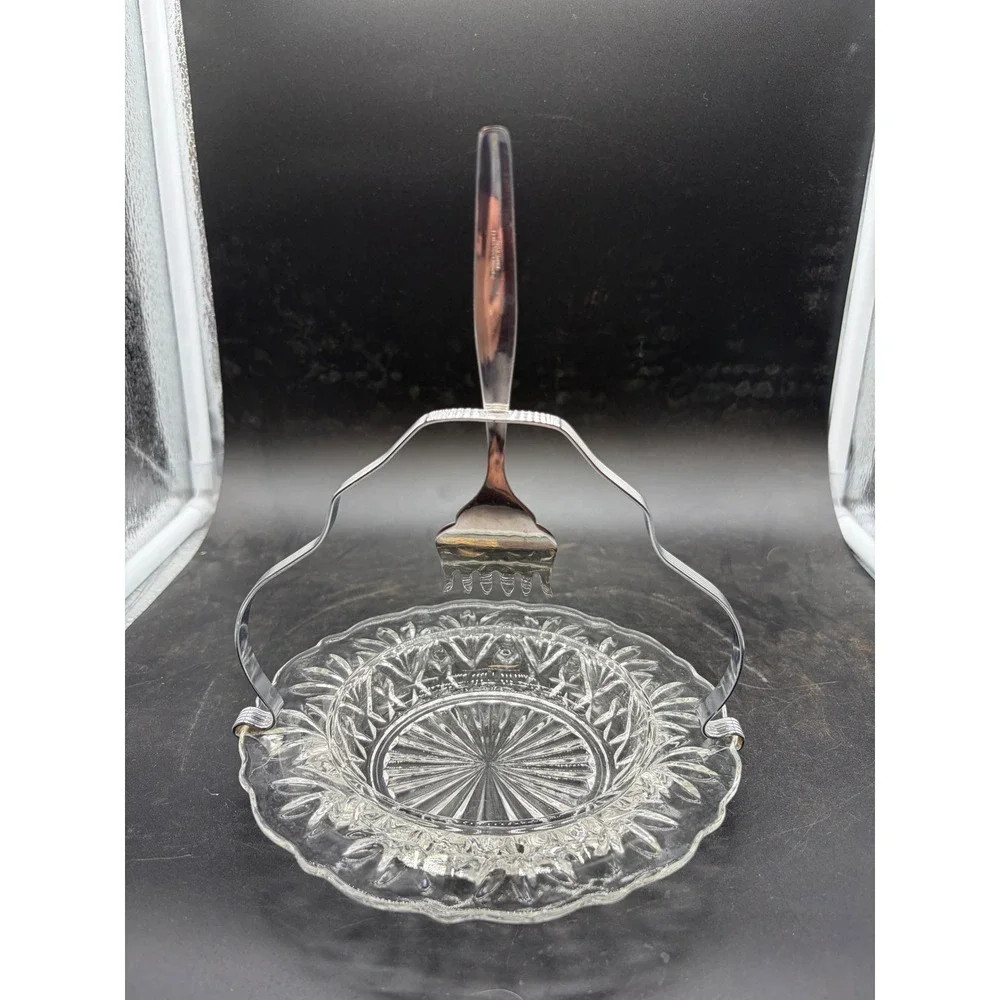 Vintage Pressed Glass Relish Dish with Chrome Handle and‎ Serving Fork Set
